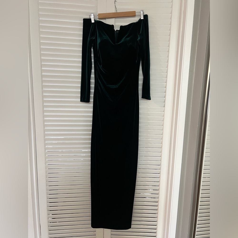 Xscape Off-Shoulder Velvet Dress in Deep Green - Picture 7 of 9